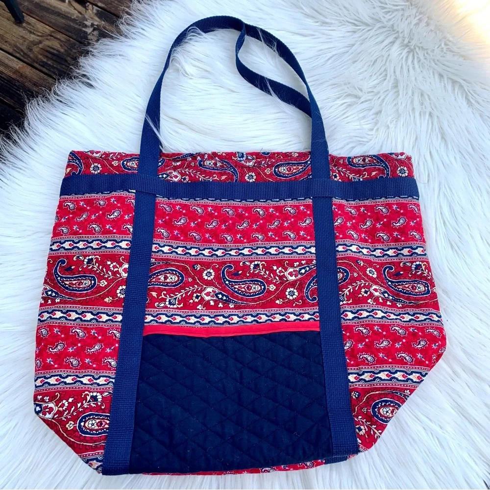 Handmade Red & Blue Paisley Floral Quilted Oversized Tote Purse Bag